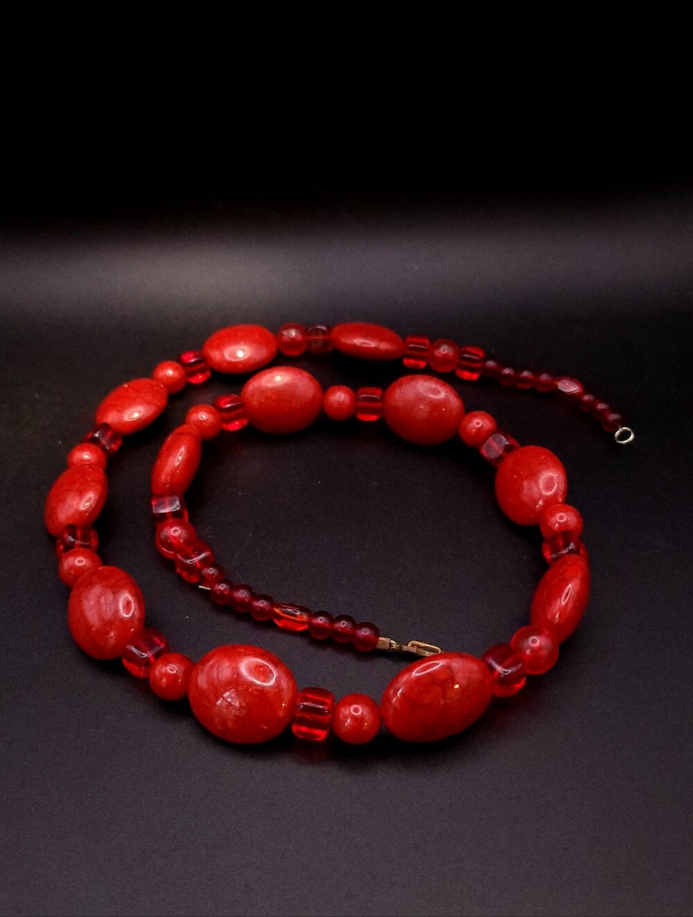 Vintage Cherry Red Crackle Acrylic & Glass Bead Statement Necklace